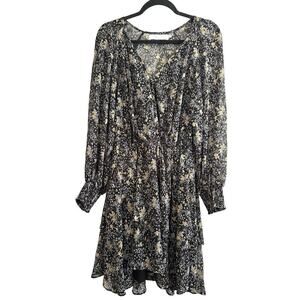 ASTR The Label Floral Faux Wrap Smocked Cuff Plunging Shirt V Neck Semi Sheer M